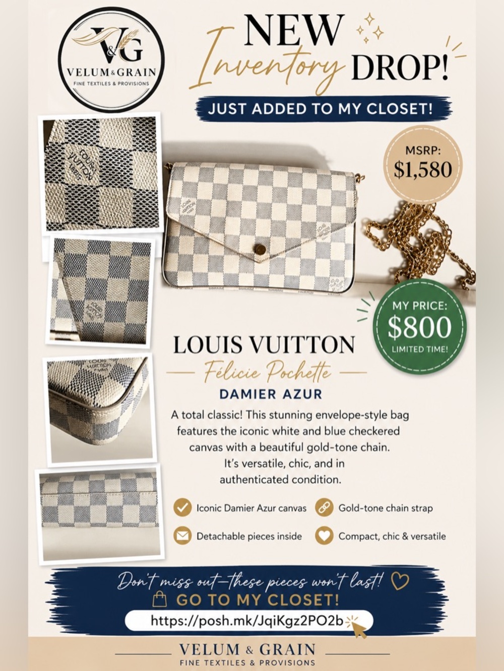 Louis Vuitton Félicie Pochette in Damier Azur